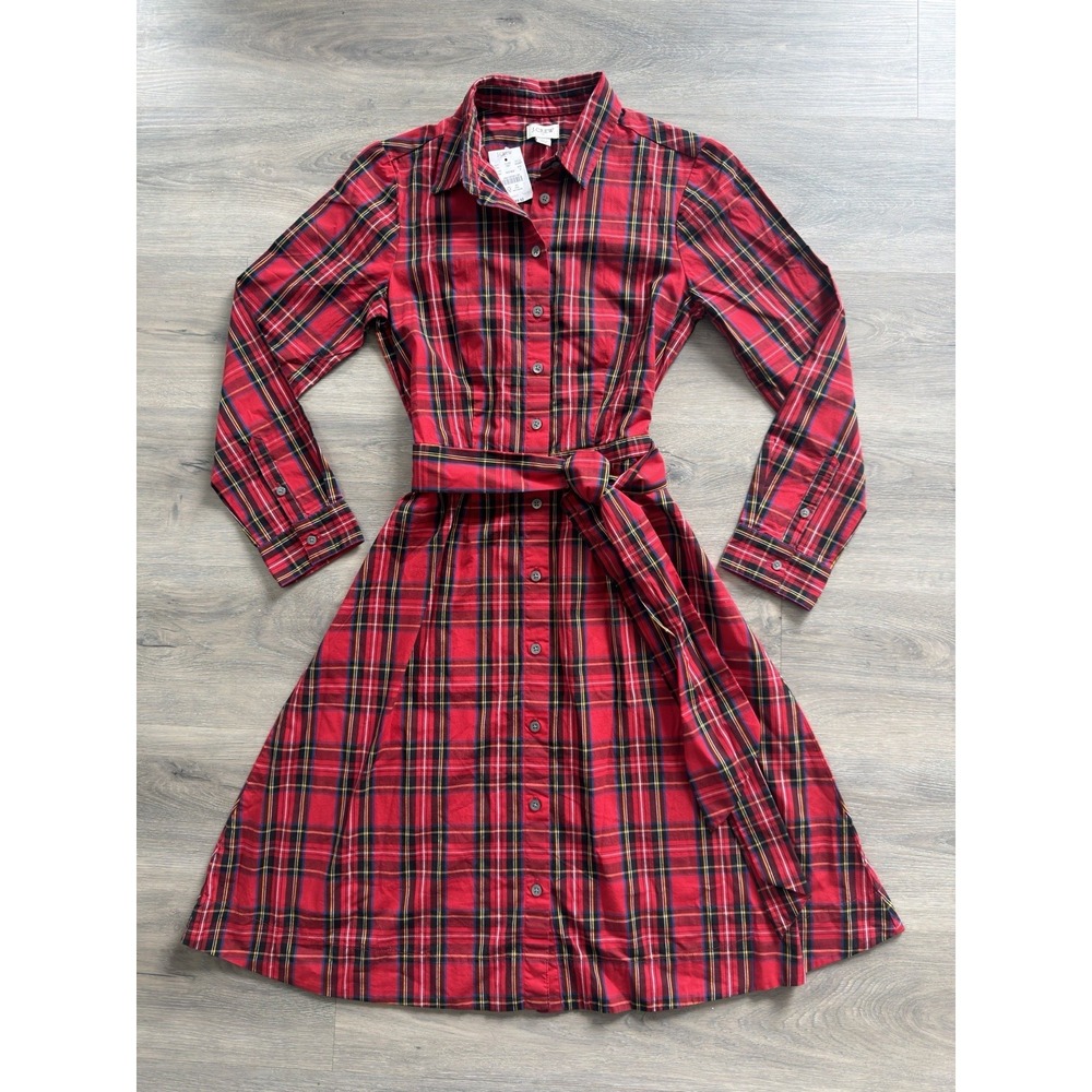 J Crew Shirt Dress Women's Size 2 Tie Waist Red Tartan Plaid Button Front
